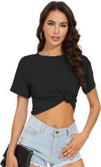 Womens Summer Crop Tops Short Sleeve Round Neck T-Shirts Loose Fit Casual Blouse