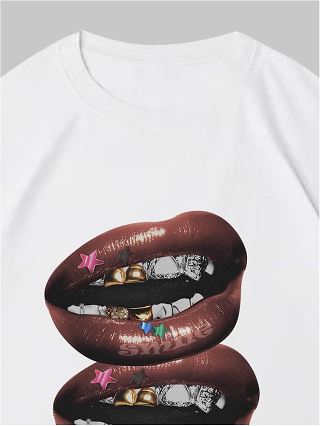 Verdusa Women's Lips Print Graphic Tees Y2k T Shirts Summer Crew Neck Vintage Going Out Tops
