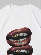Verdusa Women's Lips Print Graphic Tees Y2k T Shirts Summer Crew Neck Vintage Going Out Tops