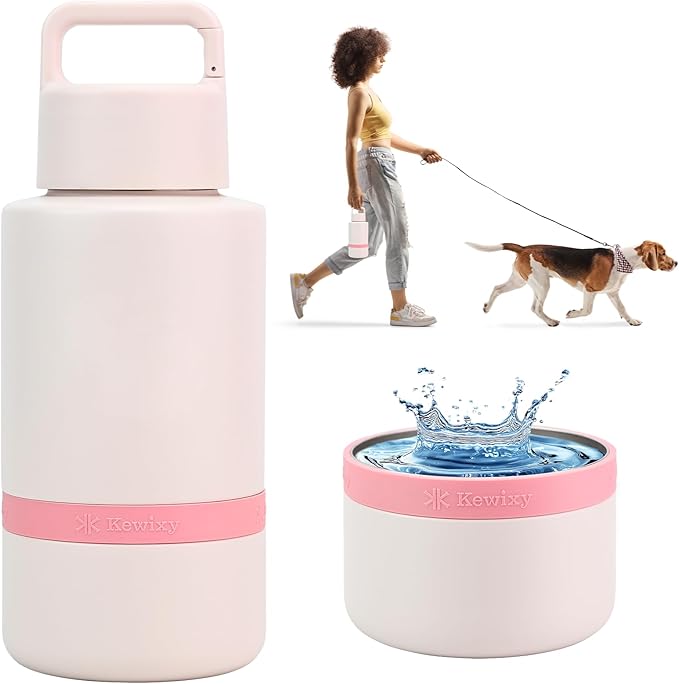 Insulated Dog Water Bottle with Travel Bowl, Dog Lover Gift, Portable Water Bottle Dispenser, Accessories for Car, Hiking, Camping, Outdoor, Leak-Proof, Detachable (Pale Pink)