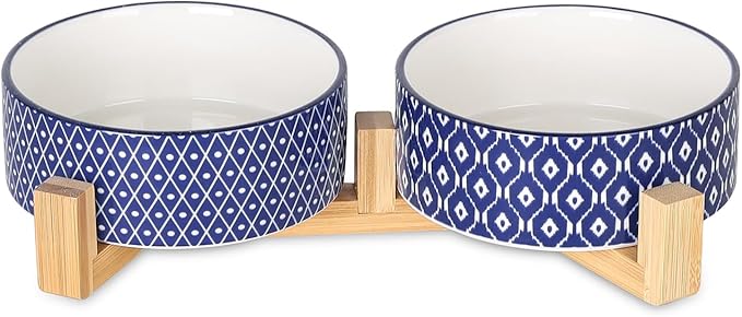 Selamica Ceramic 14 OZ Dog Bowls with Wooden Stand, Anti-Slip Dog Dishes Set for Cats & Small Dogs, Weighted Pet Bowls Set of 2, Vintage Blue