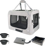 Extra Extra Large Cat Carrier Soft Sided, Portable Small Dog Carrier for 2 Cats, 24"x16.5"x16" Car Travel Folding Comfortable Design with Litter Box and Bowls, Grey+ Litter Box+ Bowl*2