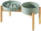 Ceramic Raised Slow Feeder Dog Bowl Set, Elevated 8.2inch Bowl and 9.5inch Slow Pet Food Dish with Wooden Stand for Large Dog (2 x Light Green+ Stand)
