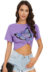 Womens Summer Crop Tops Short Sleeve Round Neck T-Shirts Loose Fit Casual Blouse