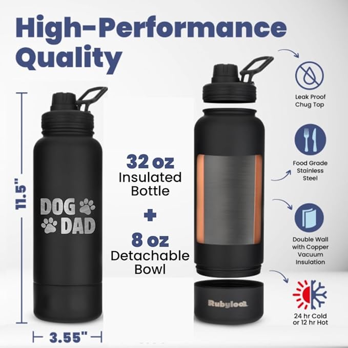 Dog Dad Water Bottle – 32 oz Stainless Steel Double Wall Insulated with 8 oz Detachable Bowl on Bottom – Cool Dog Dad Gifts for Men for Hiking, Walking, Travel & Everyday Adventures – DD Black