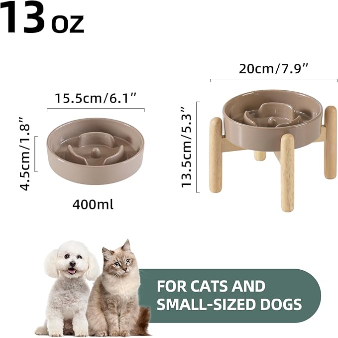 6.1inch Ceramic Raised Slow Feeder Set, Elevated Bowl with Wooden Stand for Small Dog and Cat, Puzzle Slow Dog Food Dish, Preventing Choking(Brown Coffee, Single Bowl+ Stand)