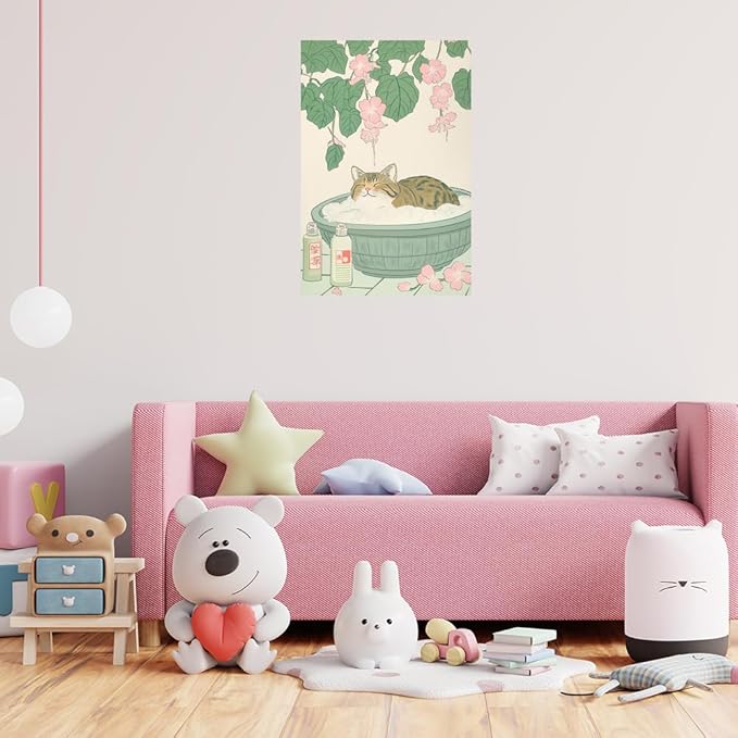 Vintage Tabby Cat in Bathtub Wall Art Funny Japanese Poster Print Relaxation Decor Cute Animal Pet Canvas Neutral Japan Painting for Bathroom Dorm Living Room Home Aesthetic 16x24inch Unframed