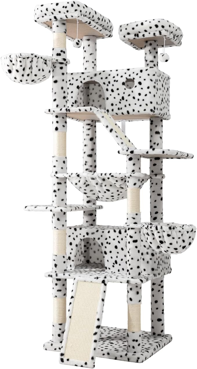 SHA CERLIN 81in Multi-Level Tall Cat Tree Tower for Indoor Kitties/Larger Cat Condo Furniture with Hammock/Cozy Pussycat Perches/Sisal Scratching Posts/Pet House/Wide Base/White & Black Spot