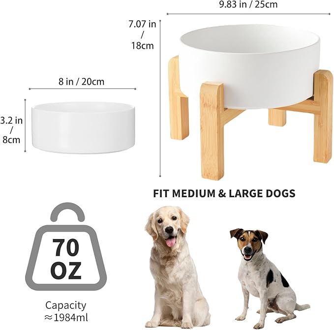 8'' Ceramic Raised Dog Bowl - 70Oz Dog Food & Water Bowl with Elevated Non-Slip Bamboo Stand, Dishwasher & Microwave Safe, Anti Vomiting Heavy Duty Pet Bowl for Medium and Large Dogs, White