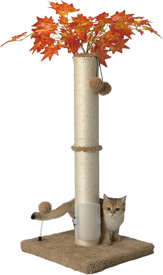 MECOOL Cat Scartching Post，35-inch Heavy Duty and Thicker Large Scartching Posts for Indoor Cats,Natural Sisal Rope and Hanging Ball Toy, Self-Grooming Brush,Beige