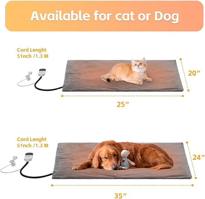 Cat heating Pad, 9 adjustable temperature, Pet heating pad, timer, removable washable waterproof heating cat bed, chewable cord, electric heating pad for cat (Grey, 25.0"L x 20.0"W x 0.6"TH)