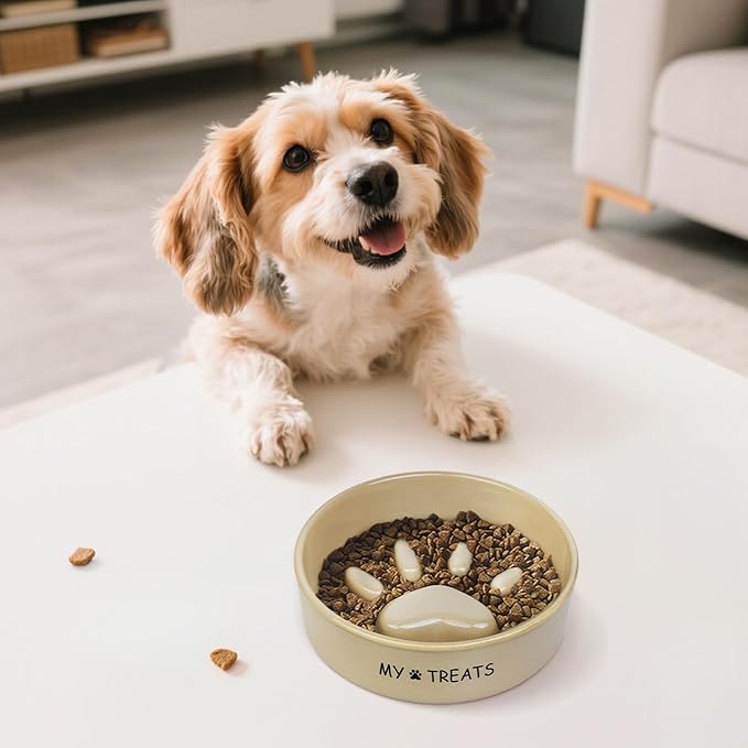 Slow Feeder Dog Bowls, Ceramic Dog Puzzle Feeder, Dogs Dishes for Small & Medium Dogs, White Puppy Slow Eating Bowl, Puppy Food Bowl(Paw Print)