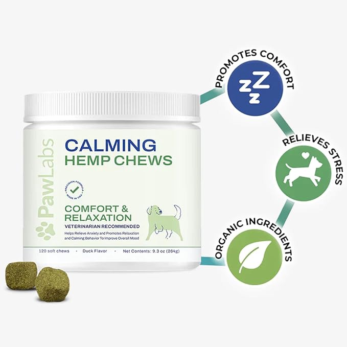 Calming Hemp Chews for Dogs - Relieve Anxiety & Stress - Organic Hemp, Chamomile, Protein Powder, Valerian Root - Natural Calming Aid - Vet Formulated, USA Made - Duck Flavor - 120 Count