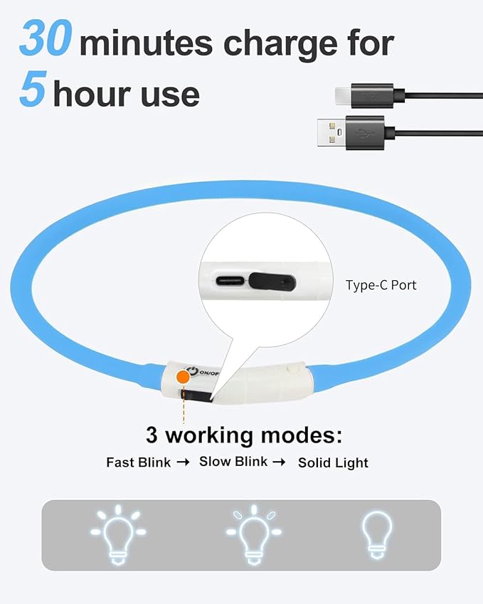 Joytale Light Up Dog Collar, Rechargeable Rainproof LED Collar for Night Walking Safety, Soft Silicone Glow in The Dark, Suitable for Small Medium Large Dogs, Blue