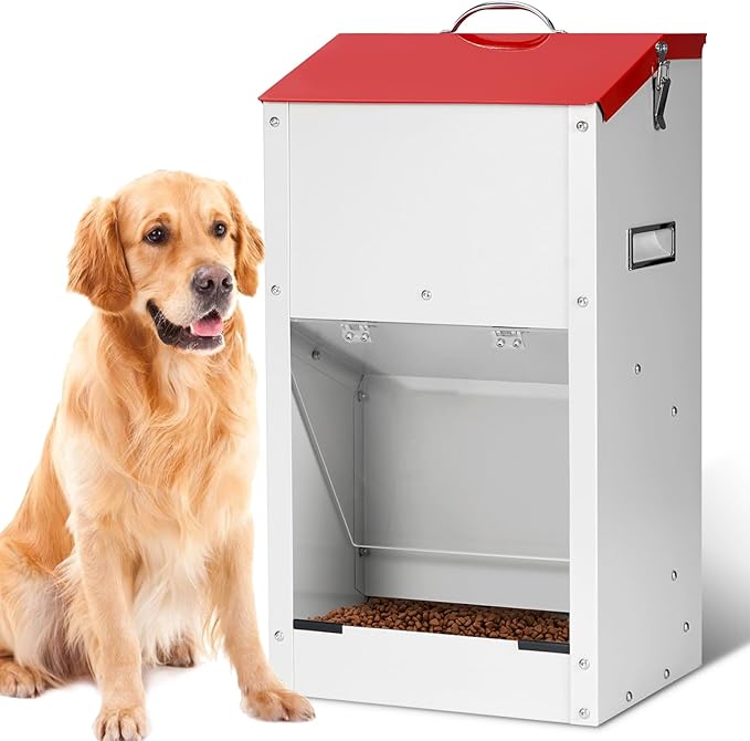 Large Automatic Dogs Feeder with Handle, 25 Lbs Indoor and Outdoor Gravity Dog Food Dispenser Container for Large Breed, 11.5'' L X 9.8'' W X 23'' H Hanging Auto Feeder