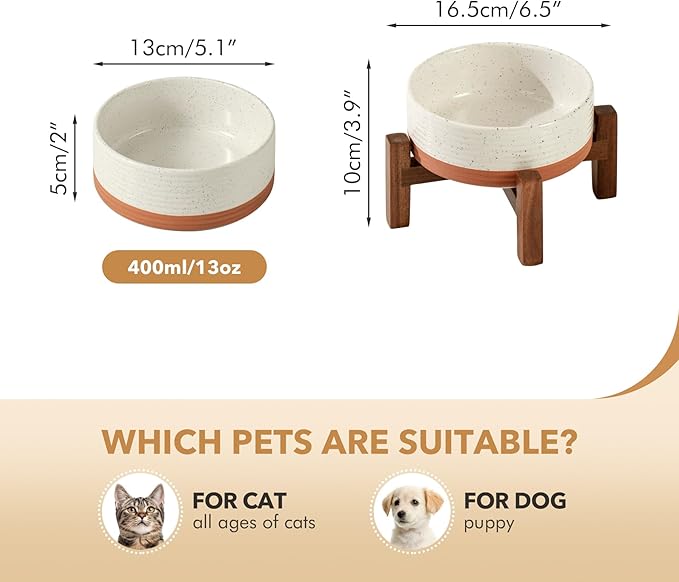 Ceramic 5.1inch Raised Dog and Cat Bowl Set, 2 Heights Elevated Wooden Stand for Puppy, Kitty, Cats, Weighted Pet Food and Water Dishes(5.1'',13.5oz, Vanilla White)