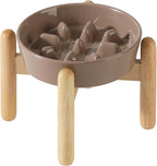 6.1inch Ceramic Dog Raised Slow Feeder Set, Elevated Bowl with Wooden Stand for Small Dog, Pet Slow Feeder Dish for Fast Easters, Anti-Gulping (Brown Coffee, Single Bowl+ Stand)