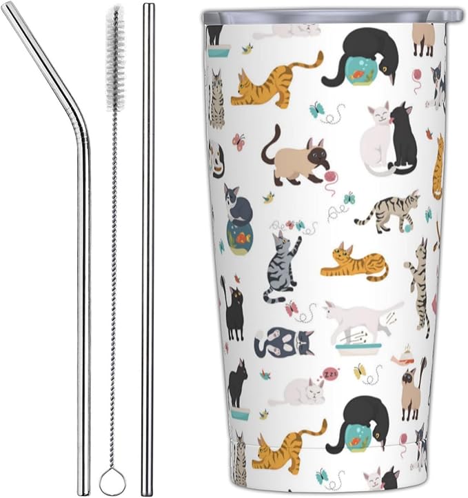 Cat Tumbler With Lid and Straw, 20 Oz Stainless Steel Insulated Water Bottle Coffee Mug, Gifts for Cat Lovers