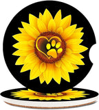 Ceramic Cup Holders Car Coasters for Women/Men,Cute Love Pattern Absorbent Drink Cup Car Holder Coasters with A Finger Notch 2.56" Pack of 2,Sunflower Dog Paw