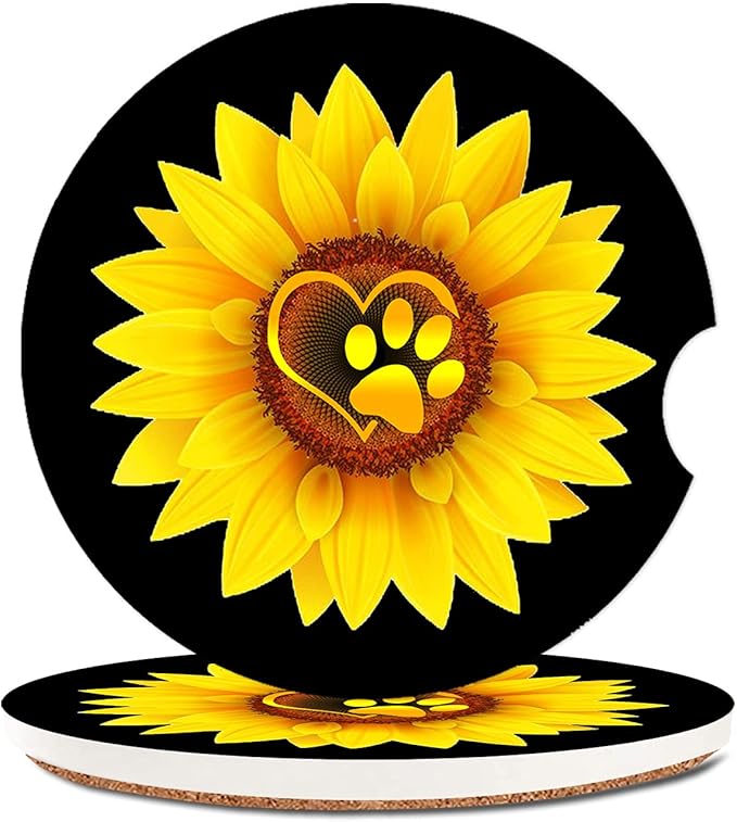 Ceramic Cup Holders Car Coasters for Women/Men,Cute Love Pattern Absorbent Drink Cup Car Holder Coasters with A Finger Notch 2.56" Pack of 2,Sunflower Dog Paw
