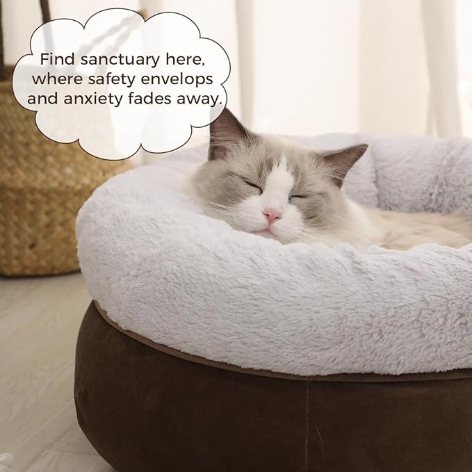 Cat Bed for Indoor Cats,Round Cat Bed for Small Pets,Washable Pet Bed with Non-Skid Bottom,Pet Bed for Puppy and Kitty,19 Inches,Brown