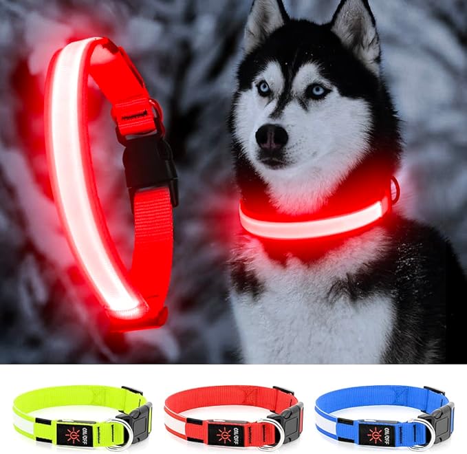 YFbrite Ultra Light Adjustable LED Dog Collar, Light up Dog Collars Rechargeable Glowing in The Dark Collars Visiblity & Safety for Small, Medium, Large Dogs (Red, X-Large)