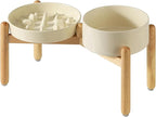 Ceramic Raised Slow Feeder Dog Bowl Set, Elevated 7.3inch Bowl and 8.2inch Slow Pet Food Dish with Wooden Stand for Medium and Large Dog (2 x Beige+ Stand)