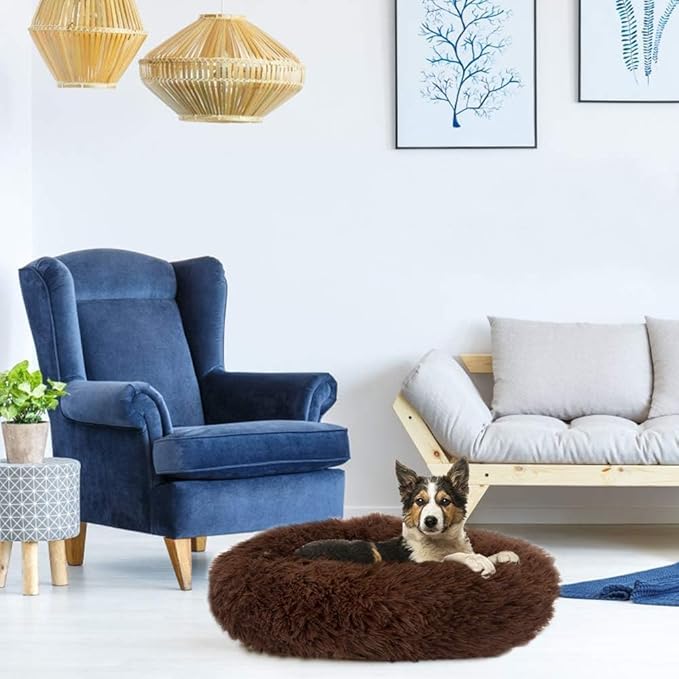 Cat Beds for Indoor Cats - Cat Bed Washable 20/24 inches, Dog Beds for Small Medium Dogs, Anti Anxiety Round Fluffy Plush Faux Fur Cat Bed, Thick Bottom (Coffee, Large)
