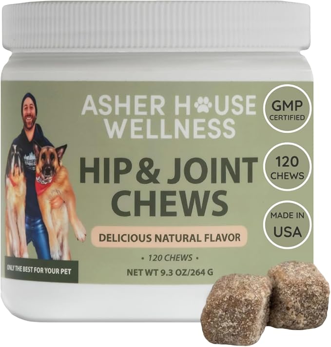 Asher House Wellness Hip and Joint Supplement for Dogs - Natural Soft Chew with MSM, Chondroitin, Glucosamine, Vitamins - Promotes Joint Health & Pain Relief Senior & All Dog Breeds, Large, 120 Chews