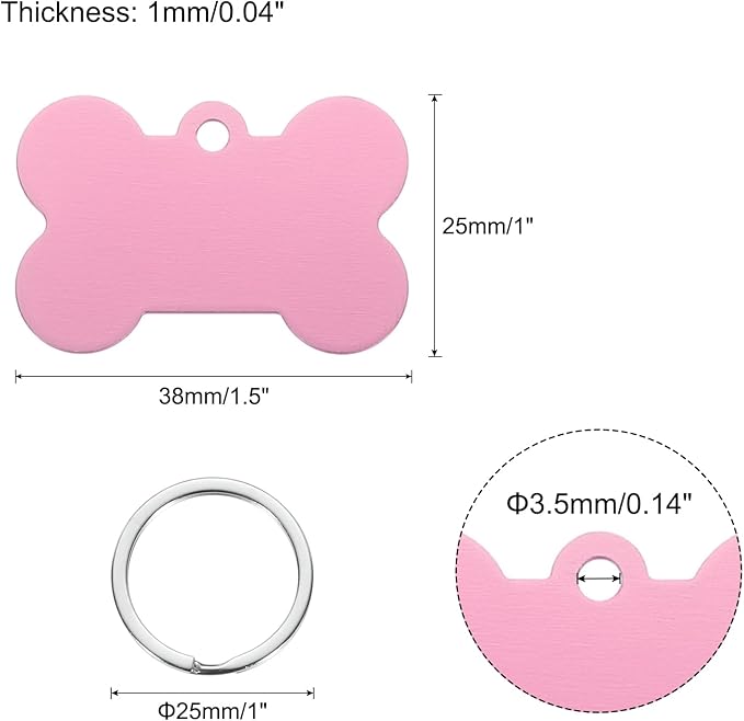 MECCANIXITY Bone Shaped Dog Tag Pet ID Tags, 38mmx25mm/1.5" x1 Metal Pink Blank Dog Tags Cat Tags with Ring for Dog Cat, Pendant Crafts, Pack of 30