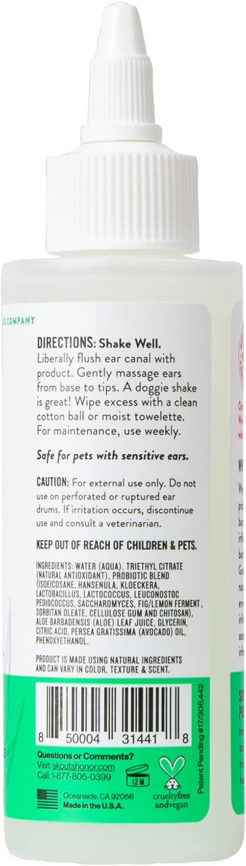 SKOUT'S HONOR Probiotic Dog Ear Cleaner Solution with Aloe Vera - Alcohol-Free, Fragrance-Free, Non-Medicated Ear Wash for Dogs - Microbione Friendly Certified, 4 oz.,