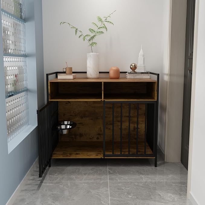 Large Dog Crate Furniture - 48" Vintage Brown Wooden Kennel for Big Dogs, Heavy Duty Chew-Proof Cage with 360° & Adjustable Raised Feeder, Dual Use as End Table or TV Stand