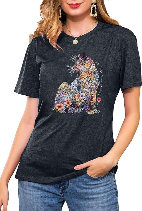 Womens Vintage Graphic Tee Shirt Cat Print Short Sleeve Loose Tunic Tops Gothic Oversized Punk Baggy Shirts