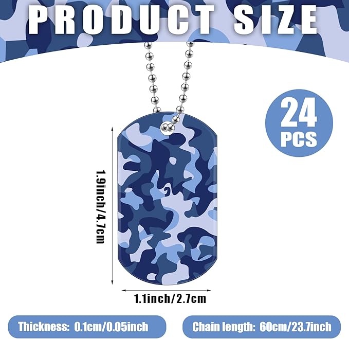 Saintrygo 48 Pcs Camouflage Dog Tags Military Acrylic Army Dog Tags Party Favors Camo Party Favors Include 24 Camo Necklaces with 24 Beaded Chains for Kids Men Women(Green, Blue, Khaki, Gray)