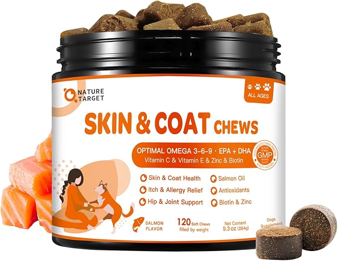 NATURE TARGET Omega 3 Fish Oil for Dogs, Salmon Oil Skin and Coat Supplement for Dogs Itchy Skin Relief with Omega 3-6-9 (EPA & DHA), Zinc, Biotin and Vitamin E & C - 120 Salmon Flavored Soft Chews