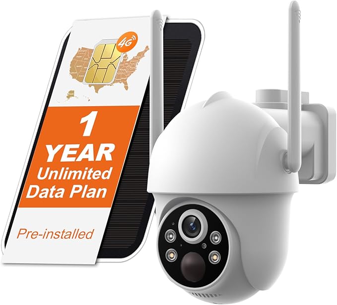 4G LTE Cellular Security Camera Wireless Outdoor with 1-Year Unlimited Data SIM Card, 2K Solar Camera, No WiFi, Color Night Vision, 360° Live View, PIR Motion Sensor, 2-Way Talk