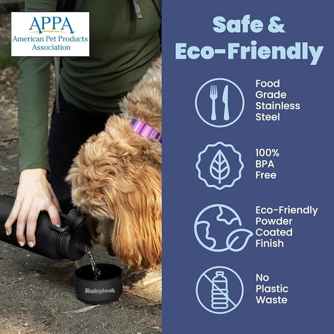 Dog Water Bottle for Dog Lovers - 32 oz Stainless Steel Double Wall Insulated Water Bottle with 8 oz Detachable Bowl on Bottom - Gift for Doggy Mom & Dad for Hiking, Walks, Travel - Black