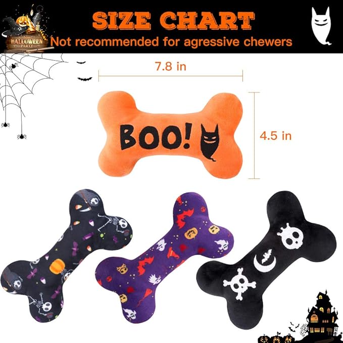 SCENEREAL Dog Squeaky Toy - Halloween Bone Toy 4 Pack - Durable Plush Chew Toys with Squeakers Interactive Game Suitable for Small Medium Dogs