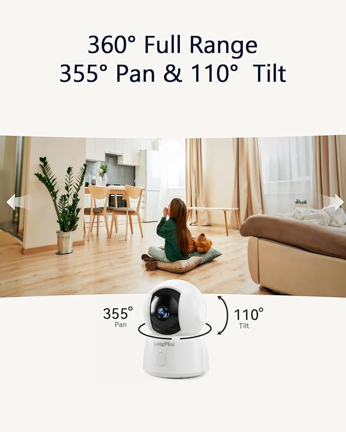 LongPlus 2K Pet Camera with Phone App, 2.4/5GHz WiFi Pan/Tilt Indoor Camera for Home, Cat Cam with Night Vision, 2-Way Audio, Motion Detection, Auto Tracking, Works with Alexa