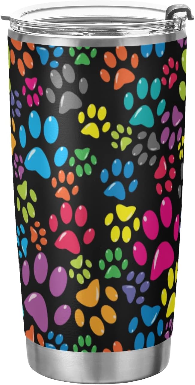 Tumbler Rainbow Dog Paw Cute Insulated Coffee Cup Beverage Container Travel Mug with Straw and Lid Double Wall Stainless Steel 20oz BPA-Free for Sport, Back to School