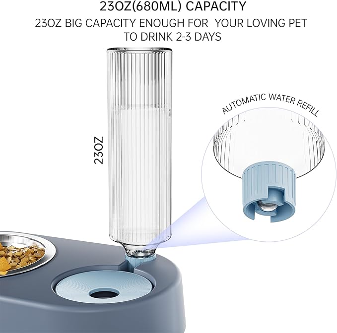Automatic Dog Cat Food and Water Dispenser Set, Pet Food Bowl Set with Automatic Waterer Bottle for Small or Medium Size Dogs Cats Large Water Capacity(23oz) White