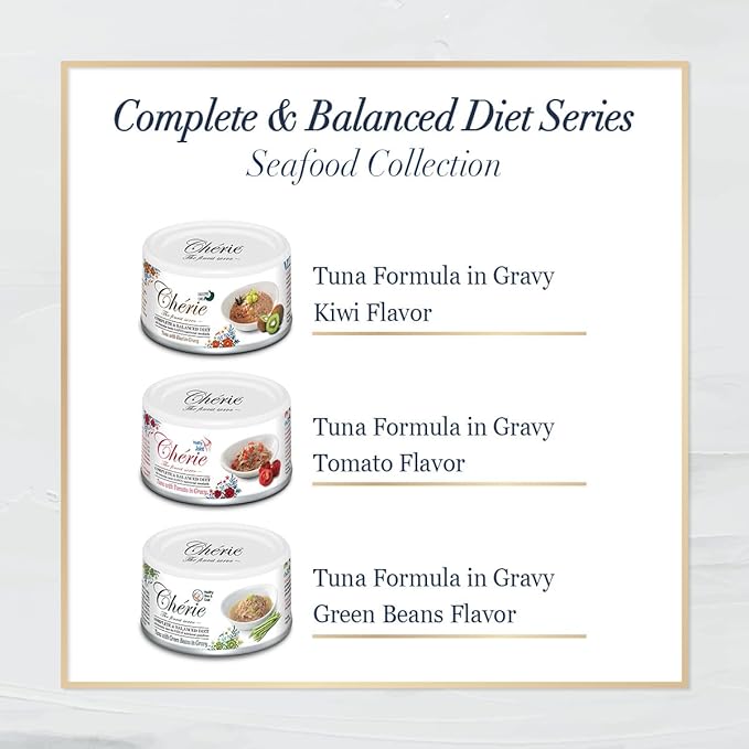 CHÉRIE Complete & Balanced Diet Series Wet Cat Food in Gravy Seafood Variety Pack, Tuna Entree with Natural Vegetables for Skin, Joint, Stomach, Urinary Tract Health, Grain-Free, 24 Pack, 2.8 oz. Can
