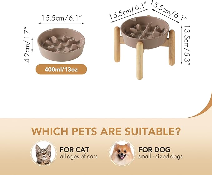 6.1inch Ceramic Dog Raised Slow Feeder Set, Elevated Bowl with Wooden Stand for Small Dog, Pet Slow Feeder Dish for Fast Easters, Anti-Gulping (Brown Coffee, Single Bowl+ Stand)