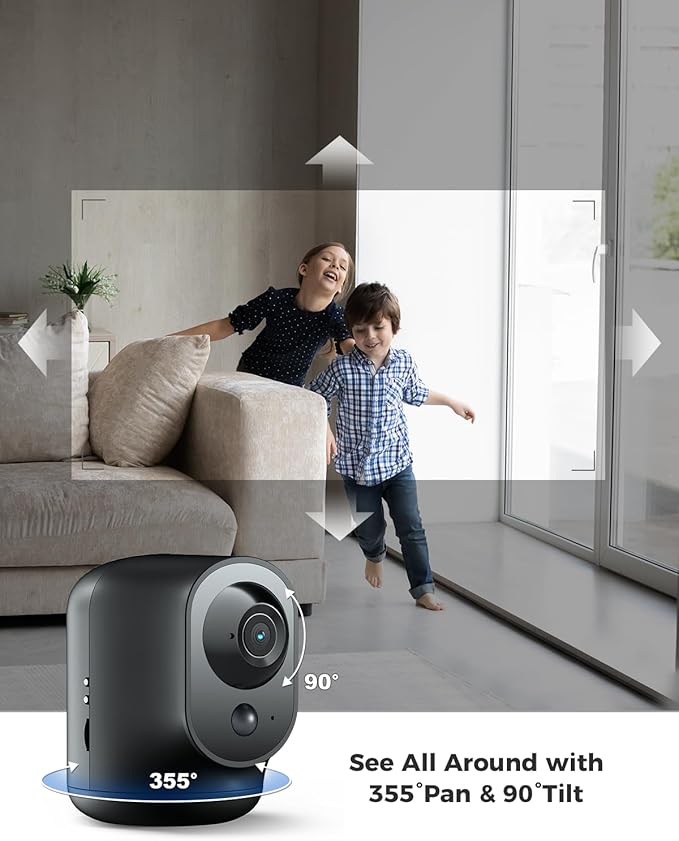 COCOCAM 2K Indoor Pan/Tilt Security Camera with 5200mAh Battery, WiFi Camera,Wireless for Baby Monitor/Pet/Home Security, AI Recognition, PIR Human Detection, 2.4G WiFi (Black)