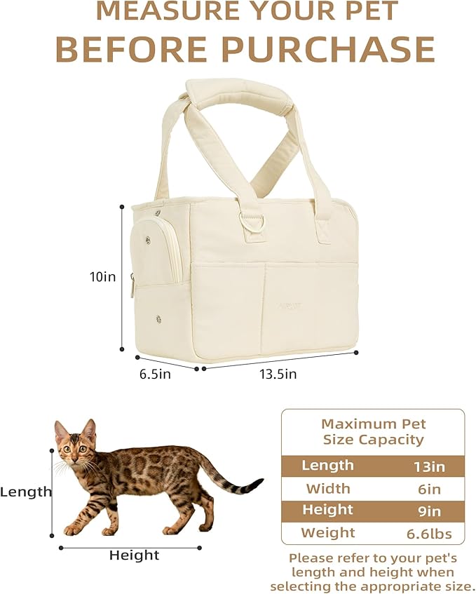 Dog Purse Carrier for Small Dogs Rabbit cat with Large Pockets, Cotton Bag, Dog Carrier Soft Sided, Collapsible Travel Puppy Carrier (Beige, 13.6" L x 6.5" W x 10" H)