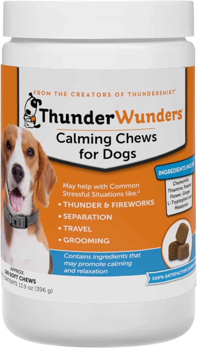 ThunderWunders Dog Calming Chews | Thiamine, L-Tryptophan, Melatonin and Ginger | Can Help Relieve Stress from Separation, Storms, Fireworks & Travel (180 Count)