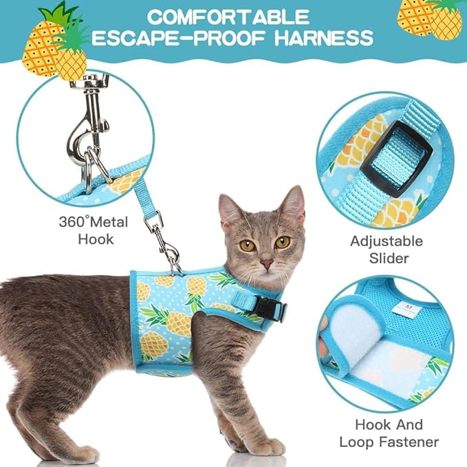 BINGPET Cat Harness - with Leash Included - Mesh Cat Dog Walking Harness Adjustable Harness for Kitties Puppy Harness Adjustable Cat Vest Harness Pineapple