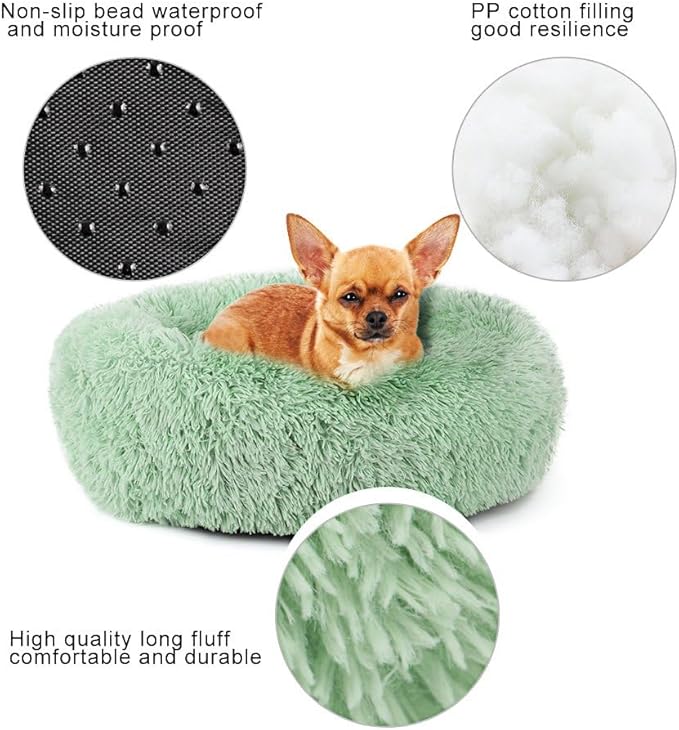 Cat Beds for Indoor Cats - Cat Bed Washable 24 inches, Dog Beds for Small Medium Dogs, Anti Anxiety Round Fluffy Plush Faux Fur Cat Bed, Thick Bottom (Green, Large)