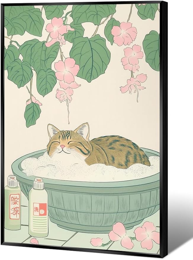 Vintage Tabby Cat in Bathtub Wall Art Funny Japanese Poster Print Relaxation Decor Cute Animal Pet Canvas Neutral Japan Painting for Bathroom Dorm Room Home Aesthetic 16x24inch Metal Black Frame