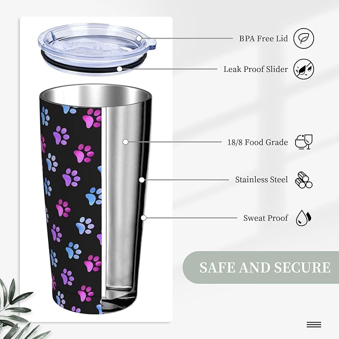 Paw Print Tumbler with Lid and Straw, Dog 20 Oz Stainless Steel Insulated Water Bottle Cup Coffee Mug